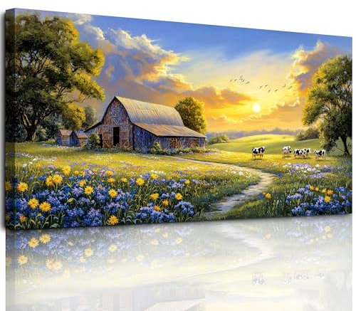 hyidecorart Kühe auf der Weide Wandbilder Wohnzimmer 50x100 cm, Leinwand Bild Natur Landschaft, Modern Wanddeko Aesthetic Schlafzimmer Badezimmer Büro Zimmer Esszimmer Flur Küche