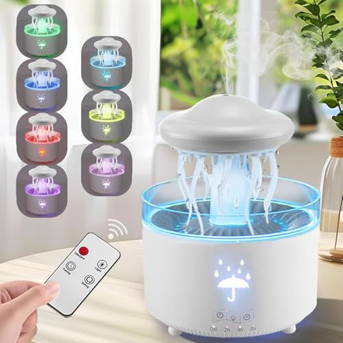 Humidifier with Light, 7-Color Rotating Jellyfish Humidifier with Remote & Timer, 300ML Water Drip Diffuser with Essential Oil Diffuser, Funny Rain Moistener Night Light for Room (White-Jellyfish)