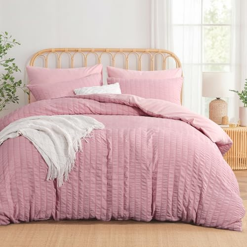 Aisbo Double Duvet Cover Set Pink Seersucker Bedding Set with 2 Pillowcases, Soft Breathable Textured Puckering Bed Quilt Cover Set with Zipper (200×200cm) 3pcs