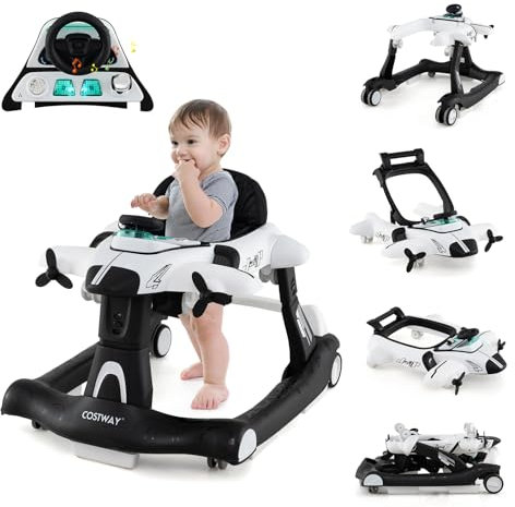COSTWAY 6 in 1 Lauflernhilfe, Lauflernwagen klappbar mit verstellbarer Höhe & Geschwindigkeit, Baby Walker Flugzeugmotiv mit abnehmbarer Spieluhr & Esstablett, Gehfrei Baby ab 6 Monaten (Weiß)