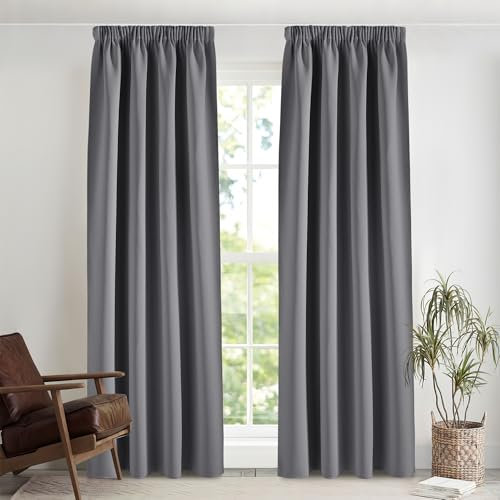 PONY DANCE Extra Lange Gardinen und Vorhänge Wärmeisolierend Verdunkelungsvorhang für Schiene 2er Set H 260 x B 140 cm Thermogardinen Kälteschutz Wohnzimmer Vorhang Grau Blickdicht