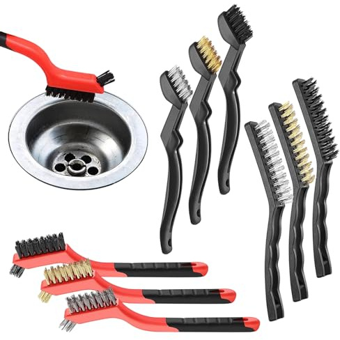 9Pcs Wire Brush Set Include Brass Copper, Stainless Steel and Nylon Bristles Brushes with Ergonomic Handles for Metal, Wood, Stove, Sink, Rust and Welding Slag Cleaning