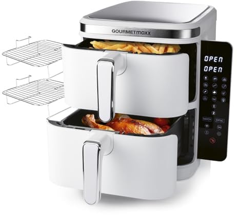 GOURMETmaxx FryUp Vertikale Doppelkammer Heißluftfritteuse | vertikaler Airfryer | klappbares Touchdisplay | 32% platzsparender | Fassungsvermögen 10L | Heißluftfritteuse 2 Kammern