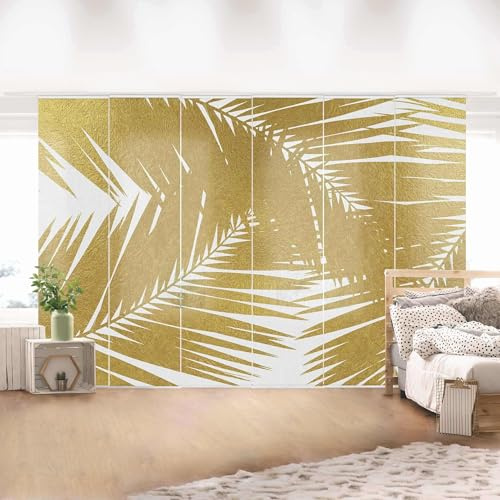 micasia Schiebegardine halbtransparent 60er Paneel Klett Natur Textil lichtdurchlässig - Pflanzen Tropisch Flächenvorhang Gold Wohnzimmer Schlafzimmer 2268 (360x250 cm - 6er Set)