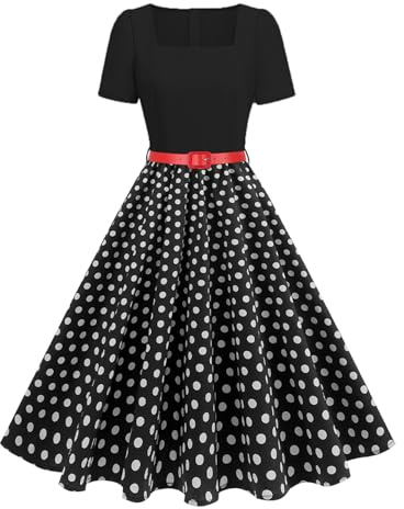 EFOGEP 1950s Dresses for Women Vintage Polka Dots Rockabilly Dress | Short Sleeve A-Line Swing 50s Dresses for Cocktail Wedding Party Prom Work Office Formal