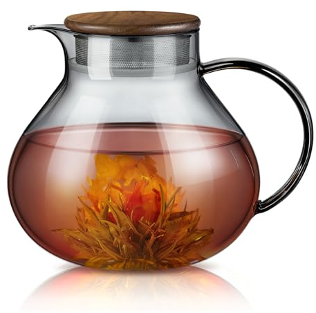 ecooe 1400ml Einfach Glas Teekanne mit 18/8 Schwarz Edelstahl 2 in 1 Teesieb Deckel Borosilicate Glas Teebereiter Geeignet für Kalte und Heiße Getränke Offenem Feuer Herd Teewarmer