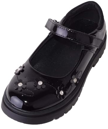 ABSOLUTE FOOTWEAR Mary Jane - Scarpe da bambina in finta pelle, motivo floreale, Vernice nera, 34 EU