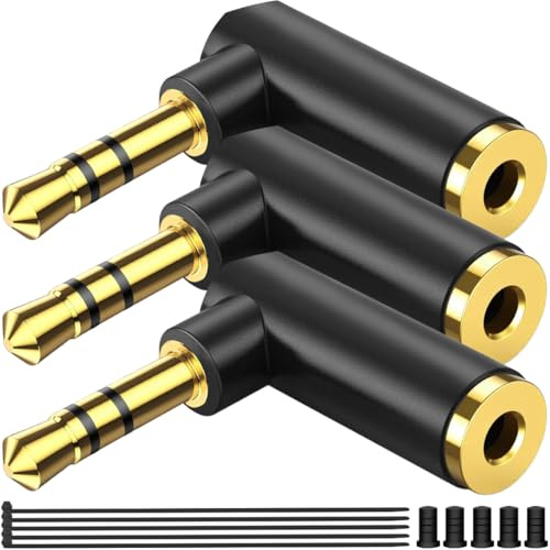MKBKLLJY 3PCS 3.5mm 1/8 Angle Male to Female Audio Adapter 90 Degree Right Angle Gold-Plated TRS Stereo Jack AUX Connector with Cable Ties Hole Plug for Headphone Tablets MP3 Players Game Controller