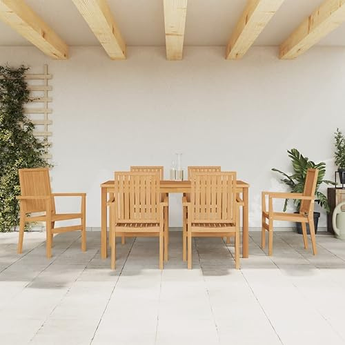 Bucmath 7-TLG. Garten-Essgruppe aus Massivholz Teak, 150x90cm Tisch mit 6 Stapelstühlen, wetterfest, für Terrasse, Balkon, Garten, Outdoor Möbel Set