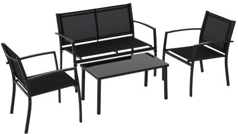 Outsunny Salon de Jardin extérieur 4 pièces Canapé 2 Places 2 Chaises Noir | Table Basse en Verre Trempé, Coussins Inclus, Mobilier de Jardin Terrasse Veranda