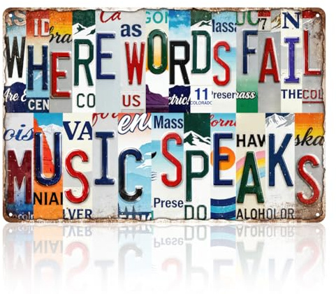 WADORN Funny Text Vintage Metal Tin Sign, 8x12 Inch Retro License Plate Art Sign-Where Words Fail Music Speaks Decor Gifts Plaque for Cafe Pubs Restaurant Garage Bar Shop Kitchen Man Cave Wall Poster