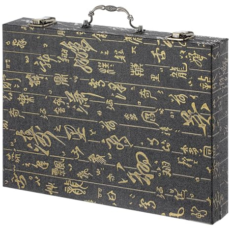 RUNROTOO Wooden Mahjong Rectangle Case with Handle, Storage Box Traditional | Spacious Interior for Chess Pieces and Tiles, Elegant Print Design, Portable Board Game Accessory