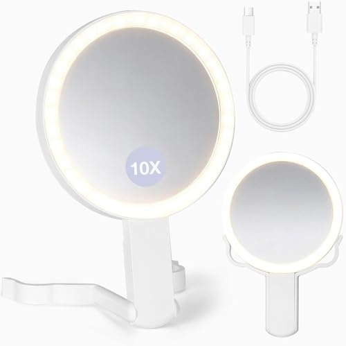 VINATO Espejo de Maquillaje Plegable con Aumento 10X e Iluminación LED, Espejo Doble Cara con 3 Modos de Luz, Espejo Portátil para Dormitorio y Viajes