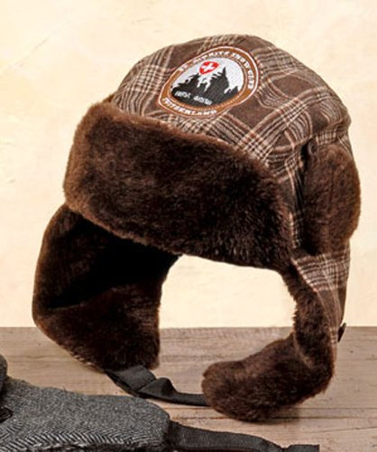 Fellmütze Wintermütze Fliegermütze Trappermütze Retro Schweiz Edelweiss braun kariert