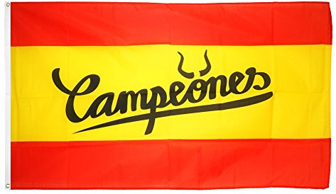 Spanien Flagge Campeones 90x150 cm - Premium Spanien Fahne mit Stier-Hörnern - Wetterfest, 100% reißfestes Polyester mit Metallösen - Perfekter Fanartikel für Fußball, Autokorso & Stadion
