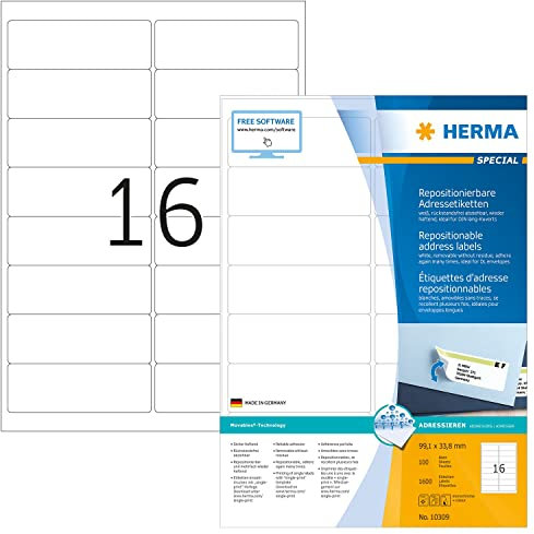 HERMA 10309 Universal Etiketten ablösbar, 100 Blatt, 99,1 x 33,8 mm, 16 pro A4 Bogen, 1600 Stück, selbstklebend, bedruckbar, matt, blanko Papier Klebeetiketten Aufkleber, weiß