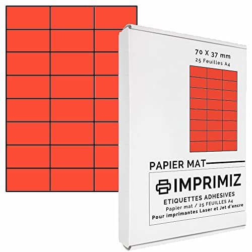 600 Selbstklebende Etiketten rot Neon von 70 x 37 mm - 24 Etiketten/Blatt - 25 Blatt A4 / Papier matt - Farbe - Für Inkjet/Laser/Kopier Drucker - Etiketten farbig