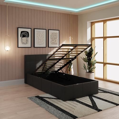 Home Source Contemporary End Gas Lift Ottoman Black Faux Leather Storage Bedstead - Single