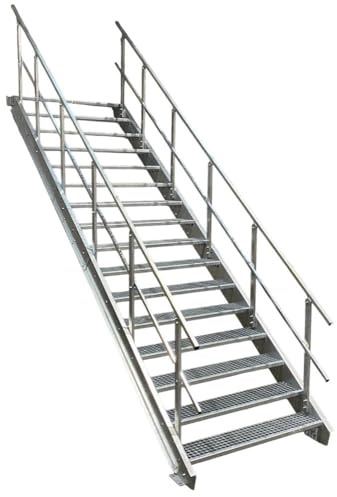 SRM Design 16 Stufen Stahltreppe Breite 90 cm verzinkt 2X Geländer | Geschosshöhe 274 - 340 cm feuerverzinkt Robuste Außentreppe Wangentreppe Stabile Industrietreppe für den Außenbereich