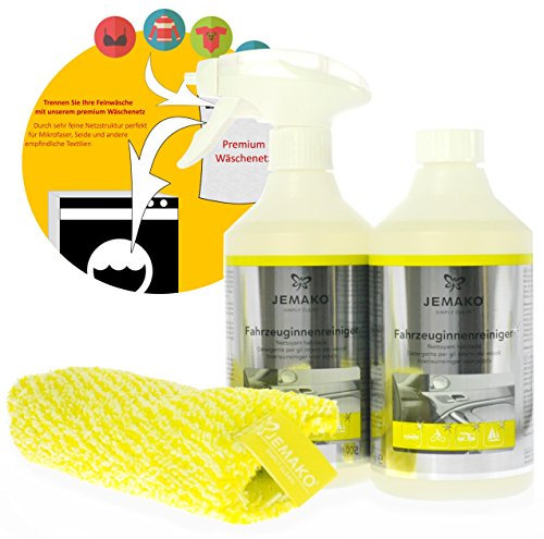 Jemako Set Fahrzeug-Innenreiniger inkl. Fahrzeuginnentuch (18 x 24 cm), Schaumpumpe & Sinland feinmaschiges Wäschenetz (1000 ml)