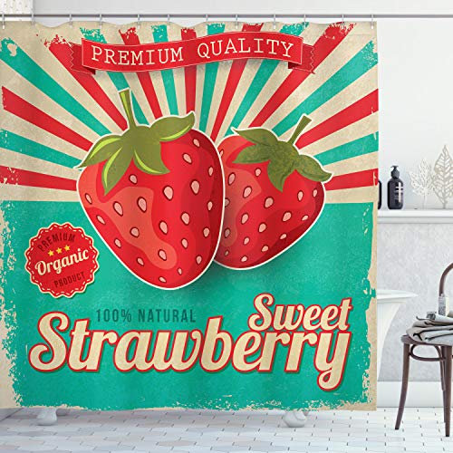 ABAKUHAUS Obst Duschvorhang, Retro Poster Erdbeeren, Stoffliches Gewebe Badezimmerdekorationsset mit Haken, 175 x 180 cm, Türkis Dunkle Koralle