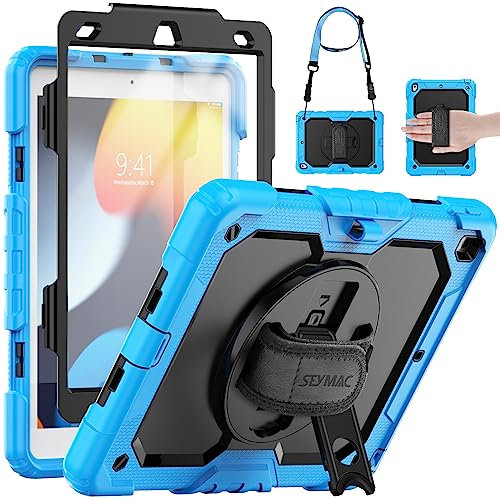 SEYMAC Case for iPad 10.2 inch iPad 9th/8th/7th Generation 2021/2020/2019, Shockproof Case with Screen Protector, 360 Degree Rotating Stand/Hand Strap, Pen Holder, Light Blue