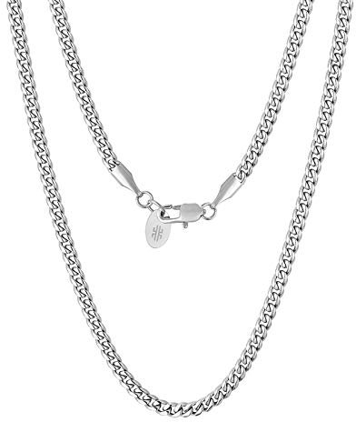 KRKC&CO 3mm Edelstahl Cuban Link Chain Kubanische Gliederkette Edelstahl Panzerkette Herren Silber Cuban Chain Silber Kette Männer Hip Hip Halskette Rapper Kette Länge 61cm