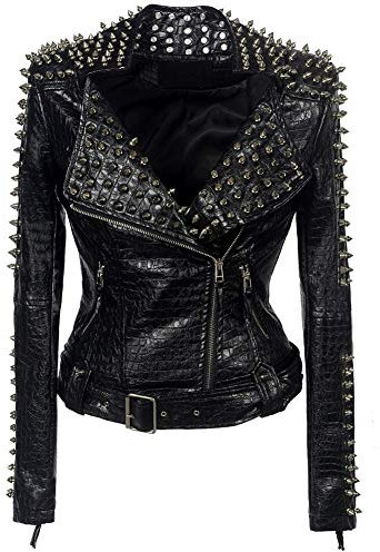 DISSA Damen Schwarz Nieten Lederjacke Kunstleder Bikerjacke mit Reißverschluss,P608,M