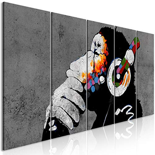decomonkey Bilder Banksy 150x60 cm 5 Teilig Leinwandbilder Bild auf Leinwand Vlies Wandbild Kunstdruck Wanddeko Wand Wohnzimmer Wanddekoration Deko Tiere AFFE Street Art Grau Musik Graffiti