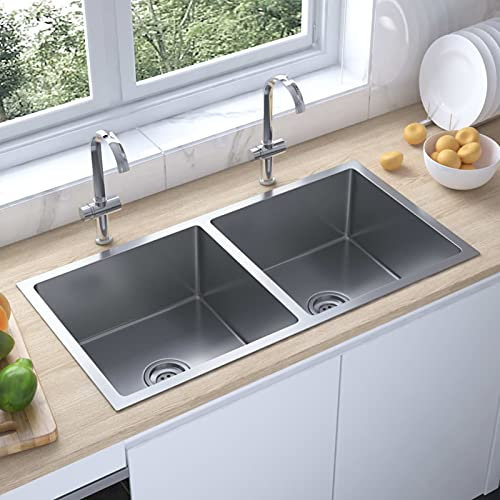 Tidyard Fregadero de Cocina 2 Senos Hecho a Mano con Colador Acero Inoxidable Plateado 86,5 x 44 x 20 cm