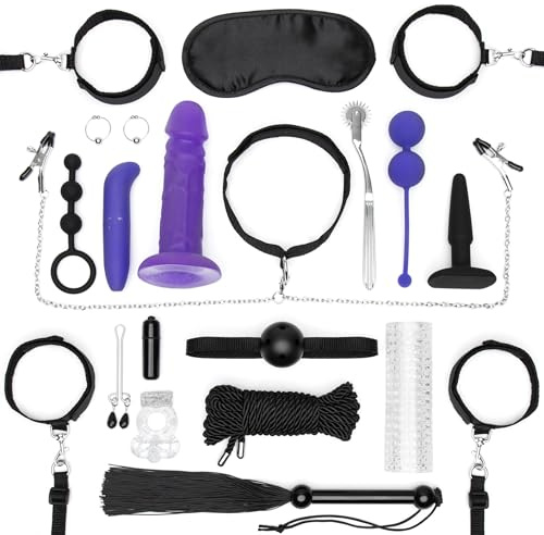 Lovehoney All You Need Bondage Kit Adult Sex Toys for Couples, Purple | 20 Piece Bondage Set, Includes Anal Beads, Blindfold, Flogger, Nipple Clamps, Vibrators, and Cock Ring, for Couples