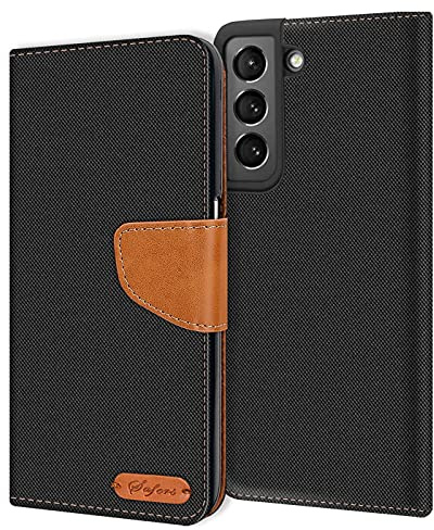 CoolGadget Klapphülle für Samsung Galaxy S21 mit Kartenfach Schwarz | Handytasche im Stoff Design, Standfunktion, Magnetverschluss, Wallet Case mit Fach für Karten und Geld