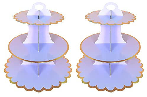 Confezione da 2 alzate per torte in cartone a 3 ripiani, per cupcake e dessert, in cartone, rotonde, per compleanni, feste, anniversari, baby shower (viola)