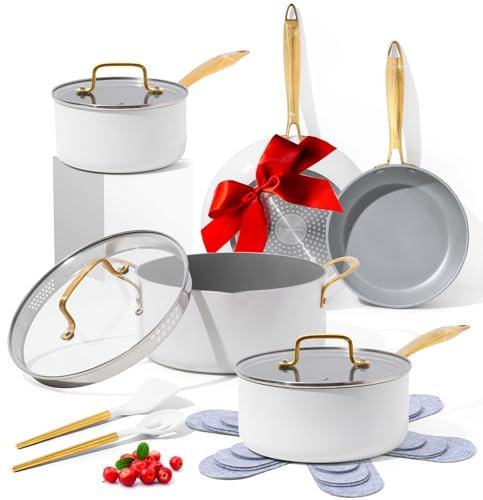 Lot de 15 casseroles et poêles blanches et dorées – Antiadhésives, non toxiques, sans PFOA, passent au four et au lave-vaisselle, compatibles avec les plaques à induction, accessoires de cuisine dorés