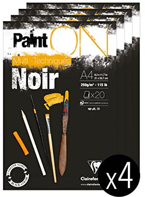 Clairefontaine 975169C - Packung mit 4 Blöcken Paint´ON Noir, DIN A4, kopfseitig geleimt, 20 Blatt, 250g, schwarz, 4 Stück