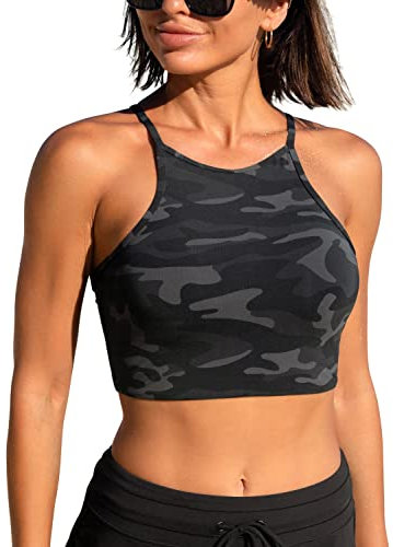 CRZ YOGA Damen Bikinitops Stehkragen Bikini Sport BH Racerback Gepolstert Bikinioberteil Sexy Bikini Oberteil Dschungeltarnung Grau 38