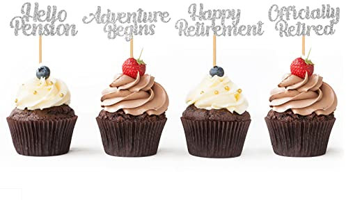 Happy Retirement Cupcake Toppers, Officially Retired Hello Pension Adventure Begins Cake Picks Decorations, Set of 48(Silver)