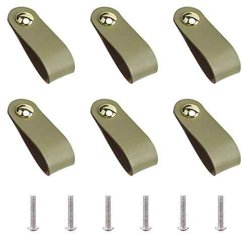 GORGECRAFT 6Pcs Leather Handles Vintage Cabinet Door Handle Olive Color Leather Drawer Pulls for Kitchen Bathroom Cabinets Cupboards Wardrobe Dresser, 143x25mm