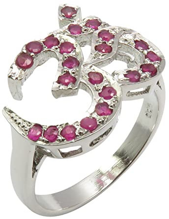 SilverStarJewel 925 Massives Silber echter roter Rubin Om Ohm Ring Mothers Day Gift Deals Größe 49 bis 60