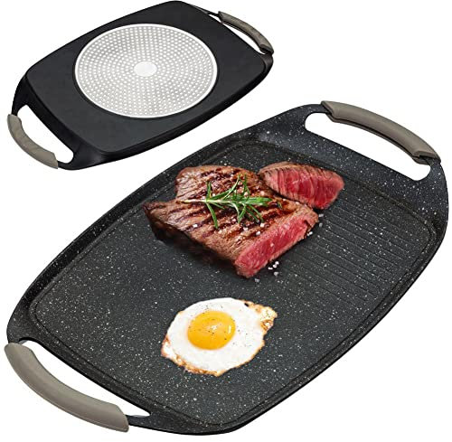 NAVA Grillplatte | Grillpfanne mit Granitbeschichtung FUNTZIO 48x29 cm zum Grillen Braten glatt geriffelt