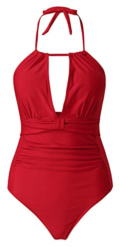 Generisch Schlankheits-BadeanzüGe FüR Damen GerüSchter Badeanzug Mit Bauchkontrolle Halfter Sexy Halfter Einfarbige Badebekleidung (XXL,Rot)