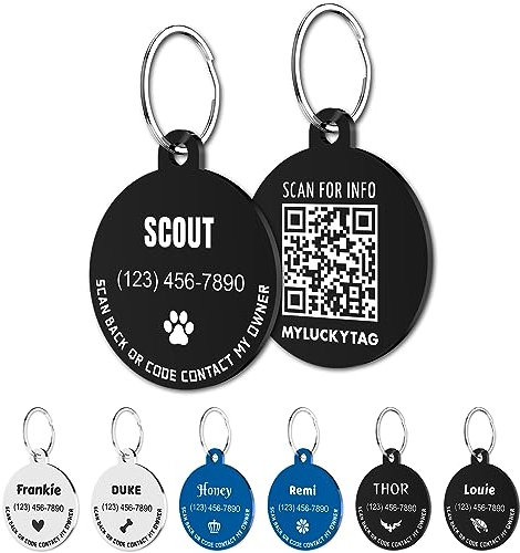 MYLUCKYTAG Personalized Pet ID Tags - Stainless Steel QR Code - Custom Text - No App Required - Email Alerts