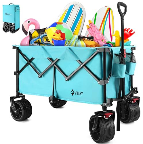 VILLEY Carro Playa, Carro Plegable con Ruedas, Carro Transporte Playa con Capacidad de 200L y 102KG, Carro de Mano Ruedas Grandes, Carro de Transporte para Compras, Camping, Playa, Azul