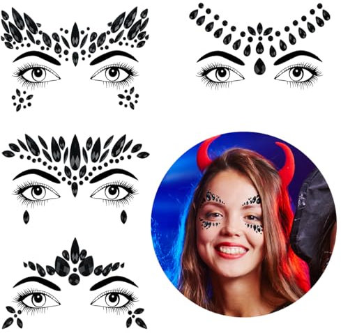 Bowitzki Halloween Face Jewels Festival Design Women Mermaid Face Gems Rhinestone Crystals Stickers Eyes Body Temporary Tattoos (4 Set C)
