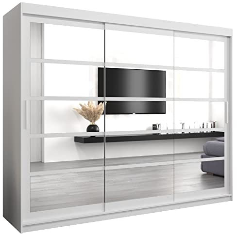 Kryspol Schwebetürenschrank Roma 2 250 cm mit Spiegel Kleiderschrank mit Kleiderstange und Einlegeboden Schlafzimmer- Wohnzimmerschrank Schiebetüren (Weiß)