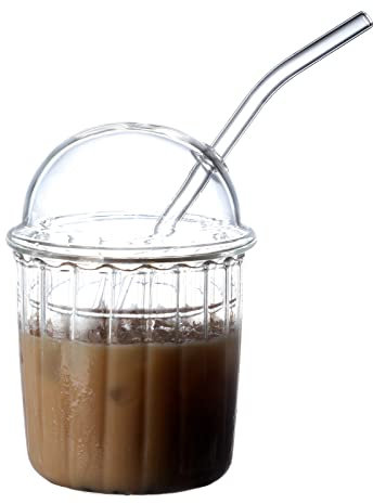 Plcnn Drinking Glasses with Glass Dome Lid and Straw Reusable Wide Mouth Smoothie Cups 15oz Glass Coffee Iced Cup Tumbler Glass Bubble Tea Cup