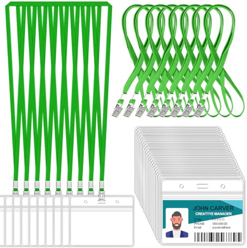 Lot de 100 porte-badges horizontaux transparents et 100 cordons réutilisables pour porte-badge, porte-nom, porte-badge avec cordons pour adultes, enfants, écoles de travail, conférences (vert)