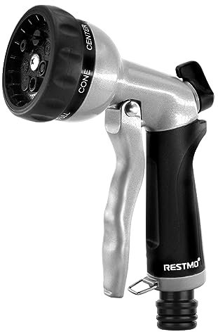 RESTMO Hose Pipe Spray Gun, Heavy Duty Garden Hose Spray Gun, High Pressure Hose Nozzle, Metal Hand Sprayer with 7 Patterns and Water Flow Control, Ideal to Water Plant & Lawn, Wash Car & Pet, Black
