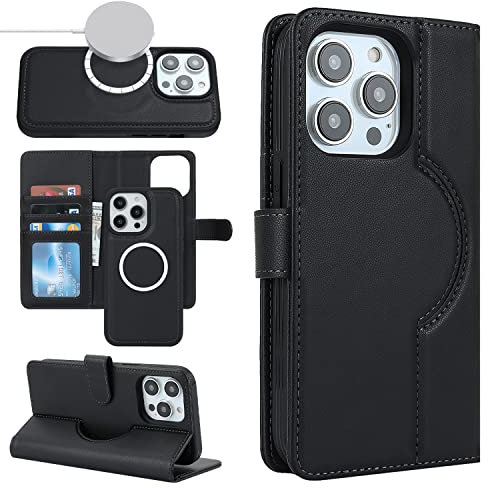 Cavor iPhone 14 Pro Case compatible with Magsafe Phone Case With Card Holders,Flip Leather Wallet Case,[Detachable 2 in 1][Magnetic Clo],Phone Case for iPhone 14 Pro - Black