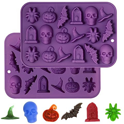 Webake Moldes de silicona para chocolate de Halloween, 2 unidades, 18 cavidades, calavera, calabaza, fantasma, murciélago, sombrero de bruja, lápida, moldes de gomitas para bricolaje, gomitas de